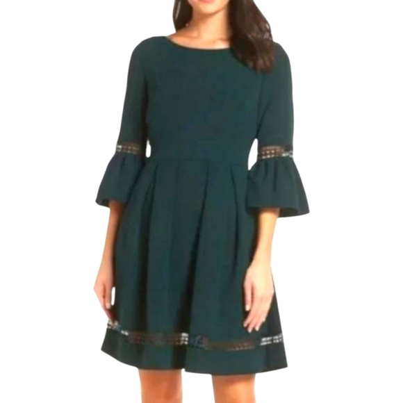 Eliza J Green A-Line Dress with Bell Sleeves Crochet Inlay Fit And Flare Sz 14 - Picture 1 of 8